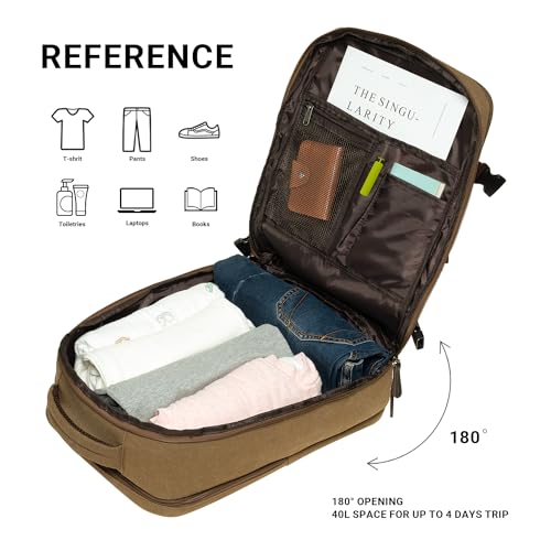 KAUKKO Canvas Travel Backpack, Personal Item Airline Approved, Carry On Backpack with Multi-Pockets and Shoe Pouch, fit 15.6 inch Laptop, 40L Weekender Bag, 11-KHAKI - color: 11-khaki