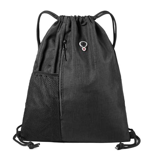 BeeGreen Mix Black Drawstring-Backpack-Gym-Bag, Large Sports Bag For Women W Water Bottle Pocket &Front Zippered Pocket, String Sackpack For Traveling Yoga Beach Outdoor - color: Mix Black, style: Drawstring With Mesh Pocket