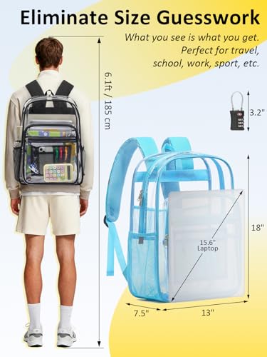 Clear Backpack Heavy Duty With A TSA Lock, 18 Inch Large Clear Back pack, Transparent See Through Bookbag for College, Work, Travel, Sport- Light Blue - color: Light Blue