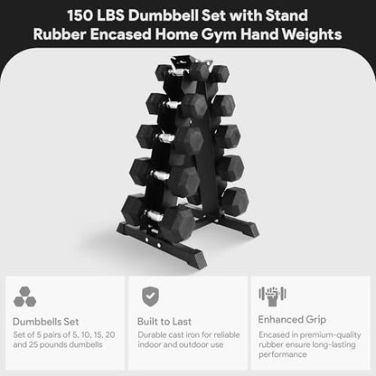 BalanceFrom Rubber Coated Hex Dumbbell Weight Set with Storage Rack, 100LB or 150LB or 200LB Set, 5-20 lbs or 5-25 lbs or 10-30 lbs Pairs - style: 150LB Set with Rack