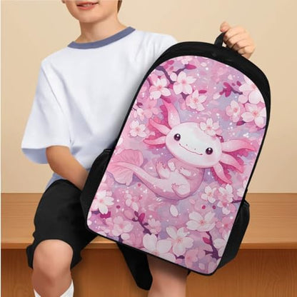 Flashideas Cherry Blossom Axolotl Backpack for Girls Kids Backpack with Lunch Box 32 oz Water Bottle and Water Bottle Holder 4Pcs Set 17" Large Capacity Elementary Bookbag with Compartments for School - color: Cherry Blossom Axolotl-7