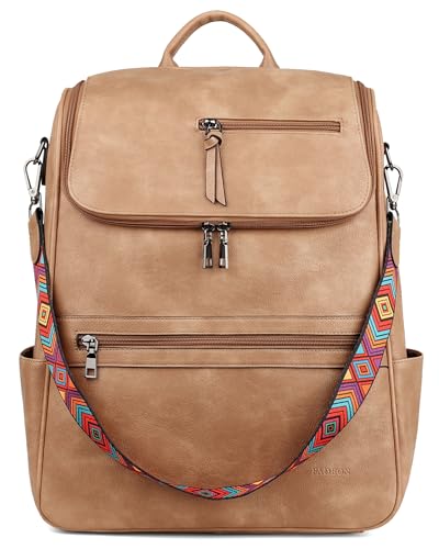 FADEON Laptop Backpack for Women Leather Travel Backpack with Laptop Compartment, Designer Ladies Computer Backpacks Camel - color: Camel Brown Retro Style