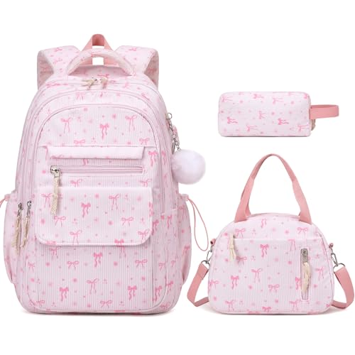 Bevalsa Backpack for Girls, 3PCS Corduroy Kids Backpack Set with Lunch Box & Pencil Pouch, Bookbag Daypack Laptop Bag for Women Teens Elementary Middle High School - color: Pink Bow
