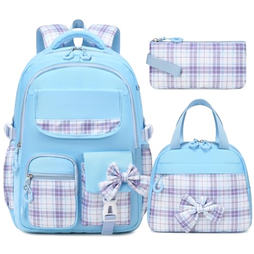 GeeWin School Backpack for Girls, Bookbags Back Pack School Bag for Teen Girl Elementary Middle School Student, Cute Stylish Plaid Girls Backpack with Matching Insulated Lunch Bag & Pencil Bag (Blue) - color: Blue