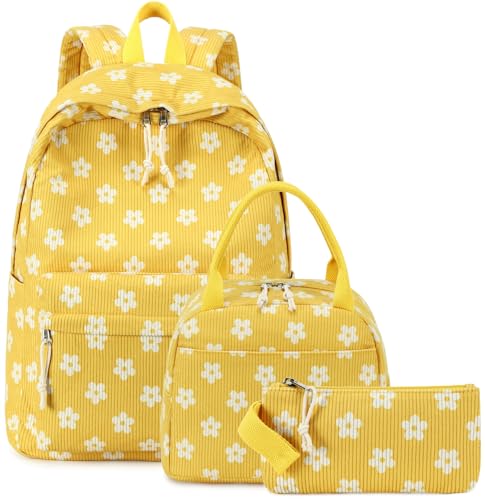 Bluboon School Backpack Set Girls Womens Laptop Bookbag Casual Daypack Fits 15 inch Laptop with Lunch Tote Bag and Pencil Bag - color: Flower 95 Yellow