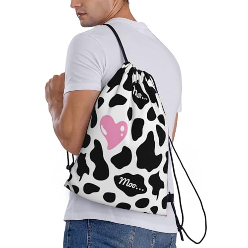Gianlaima Black And White Cow Print Love Heart Cute Pink Drawstring Bags Backpack Sport Ball Bag Sport Gym Sack Drawstring Bag String Bag Yoga Dance Travel Bag For Men Women - color: Black4