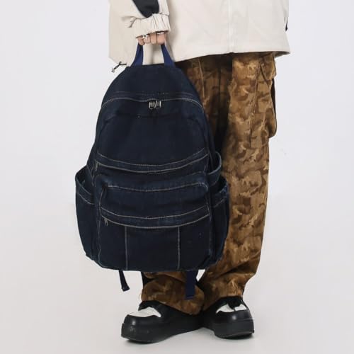 Dark Wash Denim Jean Backpack for Women & Men Retro Aesthetic Rucksack Basic Backpack for High School/College Students Travel Laptop Bag - color: Dark Denim