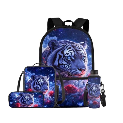 Aesthetic Tiger Backpack for Kids Girls Backpack with Lunch Box Water Bottle Holder and Soft Pencil Case 4PCS Set Lightweight Bookbag with Front Pocket for School 17 inch Sturdy School Bag - color: Aesthetic Tiger-1