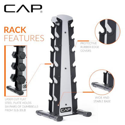 CAP Rubber Coated Hex Dumbbell Set with Storage Rack | 100–210 lb Options, Space-Saving Vertical Compact Storage for Home Gym Strength Training - size: 210 lb - Set - Silver Rack, style: Black Handle