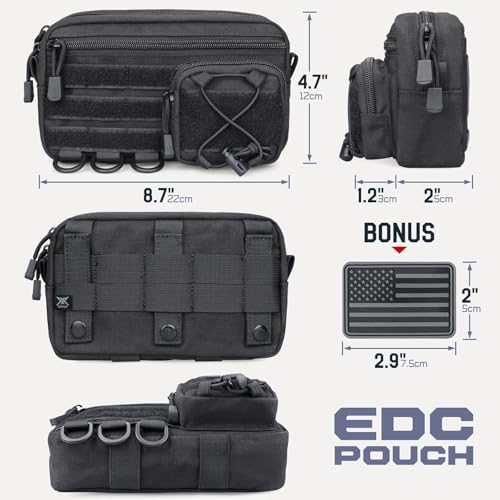 Molle Admin Pouch for Tactical Backpack, EDC Tool Pouch Organizer, Tactical Admin Pouch Molle, Belt Zipper Utility Waist Bag, Horizontal Phone Pouch with US Flag Patch - color: Black