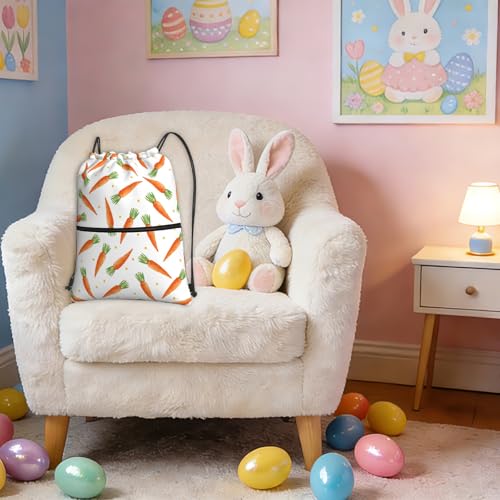 Easter Cartoon Carrots Drawstring Backpack, Waterproof Drawstring Bag for Gym Sports Easter Party Gift, Women Men Durable Sackpack Bag with Front Zipper Pocket and Inside Zipper Pocket - color: Easter Cartoon Carrots
