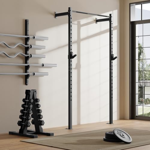 SPORTSOUL Wall Mounted Power Cage, 900lbs Squat Rack with Pull Up Bar for Home Gym, Space-Saving 2"x2" Pull-Up Station with Adjustable J-Hooks for Garage & Apartment - color: Black