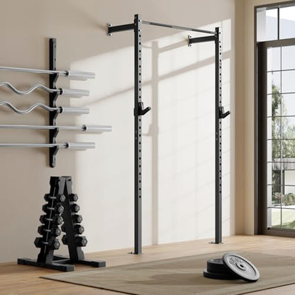 SPORTSOUL Wall Mounted Power Cage, 900lbs Squat Rack with Pull Up Bar for Home Gym, Space-Saving 2"x2" Pull-Up Station with Adjustable J-Hooks for Garage & Apartment - color: Black