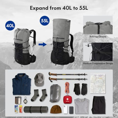 Haimont 40L+15L Roll-Top Backpacking Pack with Rain Cover, Grey | Expandable 55L, Hip Belt Support, Sleeping Pad Carry, Pole Attachments, YKK & Duraflex - color: Grey