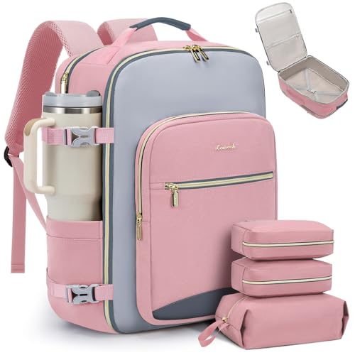 LOVEVOOK 50L Travel Backpack for Women & Men, Airline Approved Carry On Luggage with 3 Packing Cubes, TSA Overnight Bags, Waterproof Personal Item Bag, Weekender Essentials Backpacks fits 17" Laptop - color: Pink-light Grey-grey, size: X-Large