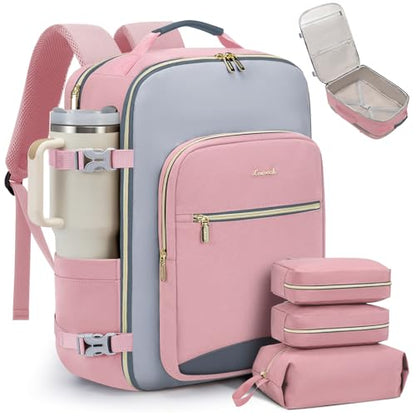 LOVEVOOK 40L Travel Backpack for Women & Men, Airline Approved Carry On Luggage with 3 Packing Cubes, TSA Overnight Bags, Waterproof Personal Item Bag, Weekender Essentials Backpacks fits 17" Laptop - color: Pink-light Grey-grey, size: Large