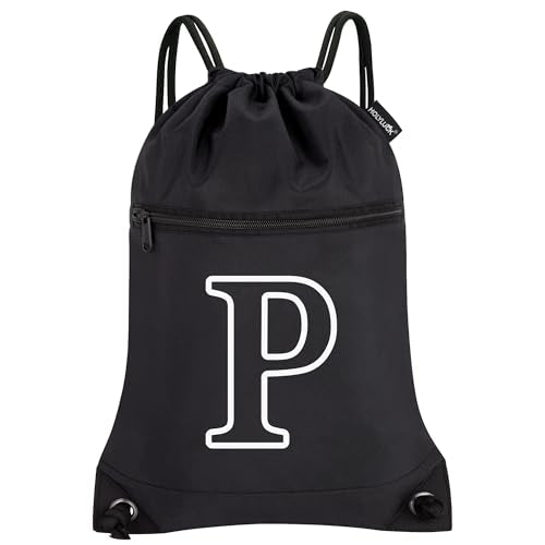 HOLYLUCK Drawstring Bags Initial Backpack Sackpack Cinch Bags for Sports, Gym, Travel, Beach (Black-P) - color: Black-p