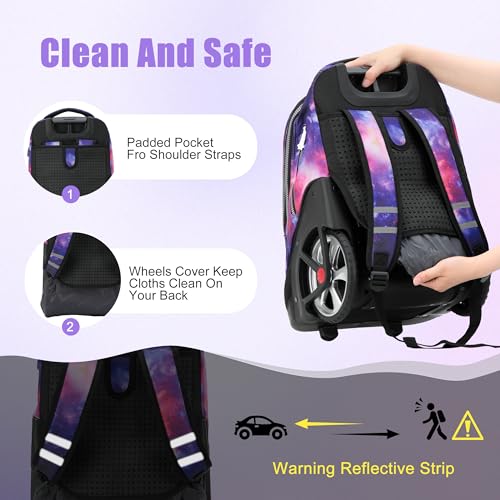 NEW TILAMI 19 Inch Rolling Backpack with Lunch Bag for Girls Boys Wheeled Laptop Backpack Durable Carry-on Bag School Travel, Purple Starry - color: Purple Starry