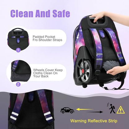 NEW TILAMI 19 Inch Rolling Backpack with Lunch Bag for Girls Boys Wheeled Laptop Backpack Durable Carry-on Bag School Travel, Purple Starry - color: Purple Starry