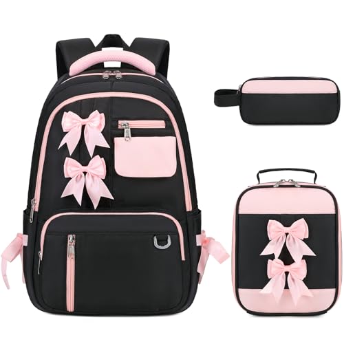 Bevalsa Backpack for Girls, Bow School Backpack for Kids with Lunch Bag & Pen Case, Cute Bookbag for Teens Girls Children for Elementary Middle High College Student, Back To School Gift (Black Pink) - color: Black Pink