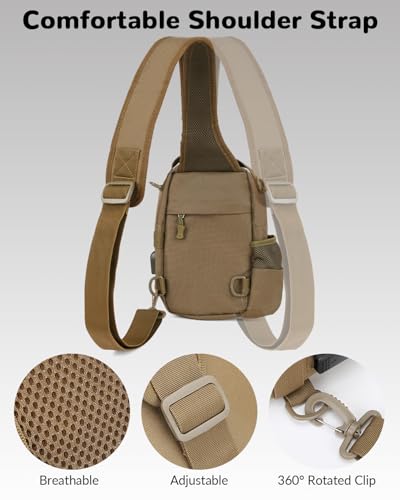Tactical Sling Bag for Men, Military Outdoor Sports Single Shoulder Backpack with Bottle Holder & Handle, EDC Range Bag Crossbody Chest Pack, Khaki - color: Khaki
