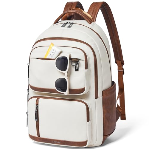LATMAP Vegan Leather Backpack 17Inch Laptop Backpack for Women Travel Beige | Large capacity, laptop compartment, water-resistant, easy to wipe clean, TSA-friendly, with luggage strap & pickpocket-proof - color: Beige W/ Brown Trim