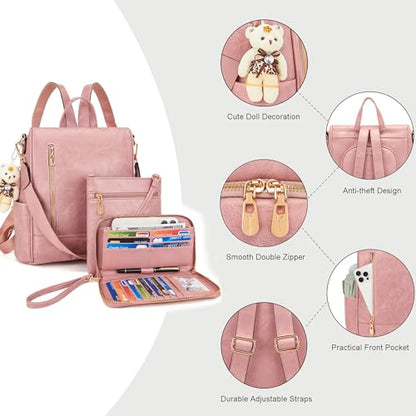 Soperwillton Women Fashion Backpack Purse Anti-Theft Leather Shoulder Bag Travel Multi Pockets Handbag Wallet Set 3pcs - color: Pink