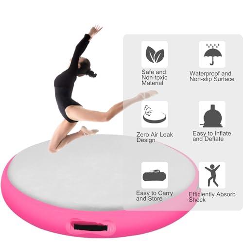 Inflatable Gymnastic Air Spot Mat Tumbling Exercise Yoga Training Mat With Pump, Inflatable Round Springboard Air Roller Gym Floor Track For Home Use/Cheerleading/Water - color: pink