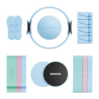 BetterMe Pilates Studio Kit – Pilates Ring, Pilates Ball, Resistance Bands & Sliders – Complete Pilates Equipment Set for Women – Home & Studio Pilates Workout Kit - color: Serenity Blue