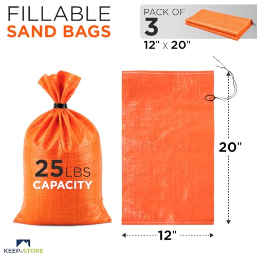 Heavy Duty Sand Bags Pack of 3, Bright Orange Empty Sandbags with Built-In Ties, Woven Polypropylene UV Protection 1600 Hours, Fillable Bags for Flood Control, Weight, 12x20 inches, 25 Pounds Volume - size: 12"W x 20"L, style: Pack of 3