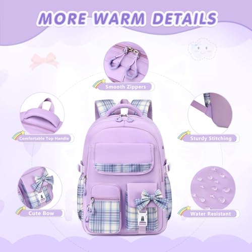GeeWin School Backpack for Girls, Bookbags Back Pack School Bag for Teen Girl Elementary Middle School Student, Cute Stylish Plaid Girls Backpack with Matching Insulated Lunch Bag & Pencil Bag(Purple) - color: Purple
