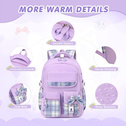 GeeWin School Backpack for Girls, Bookbags Back Pack School Bag for Teen Girl Elementary Middle School Student, Cute Stylish Plaid Girls Backpack with Matching Insulated Lunch Bag & Pencil Bag(Purple) - color: Purple
