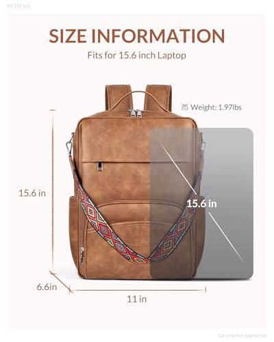 SYTRAH Leather Laptop Backpack for Women, 15.6 inch Computer Daypack Brown | Faux Leather Laptop Backpack: Dedicated 15.6" Laptop Compartment, 9-Pocket Organizer, Breathable Mesh Strap, Work & Travel - color: Brown