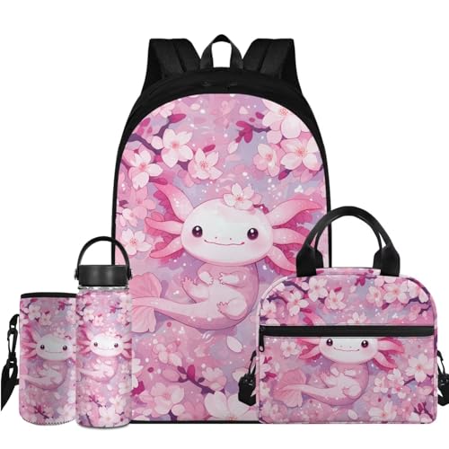 Flashideas Cherry Blossom Axolotl Backpack for Girls Kids Backpack with Lunch Box 32 oz Water Bottle and Water Bottle Holder 4Pcs Set 17" Large Capacity Elementary Bookbag with Compartments for School - color: Cherry Blossom Axolotl-7