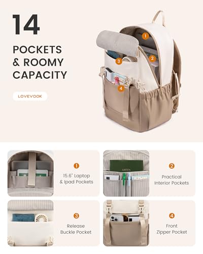 LOVEVOOK School Backpack for Teen Girls, Waterproof Travel College Bookbag for Middle High School with Large Cup Holder & Pencil Case, Fits 15.6'' Laptop, Cute Aesthetic Kids Student Backpack - color: Khaki