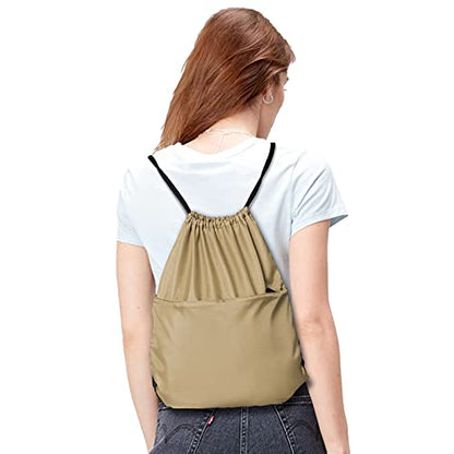 Drawstring Backpack Sports Water Resistant String Bag Sport Gym Sackpack for Women Men Large with Zipper, Khaki - color: Khaki