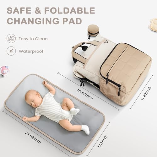 VONAL Diaper Bag Backpack, Lightweight Baby Diaper Bags, Travel Large Diaper Bag with Changing Station, Khiki Diaper Backpack for Boys Girls Newborn with Insulated Pockets, Stroller Straps - color: Khiki