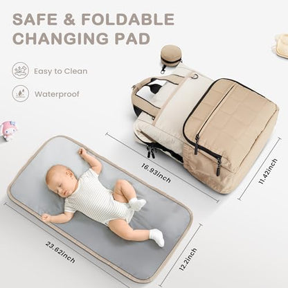 VONAL Diaper Bag Backpack, Lightweight Baby Diaper Bags, Travel Large Diaper Bag with Changing Station, Khiki Diaper Backpack for Boys Girls Newborn with Insulated Pockets, Stroller Straps - color: Khiki