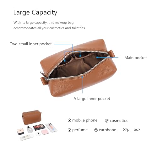 PU leather Organizer Bag Lightweight Cosmetic Bag with Ring Clasp Perfect Travel Makeup Bag for Women (Saddle Brown/PU) - color: Saddle Brown/PU