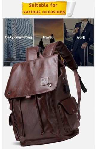 Soft leather backpack, casual PU backpack men women. USB charging port. Suitable for work, commuting, traveling, etc. Waterproof. (Brown) - color: Brown