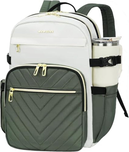 VANKEAN Laptop Backpack for Women (Beige-Army Green, 18 Inch) - color: Beige-army Green, size: 18 Inch