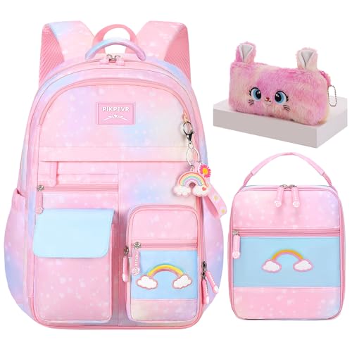Jcobvig 3Pcs Kids Backpack For Girls,Cute Rainbow Student School Backpack With Lunch Bag Pen Bag Set (Pink Medium 16.5in - color: Pink, size: Medium