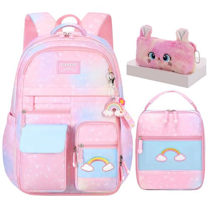 Jcobvig 3Pcs Kids Backpack For Girls,Cute Rainbow Student School Backpack With Lunch Bag Pen Bag Set (Pink Large 17.5in - color: Pink, size: Large