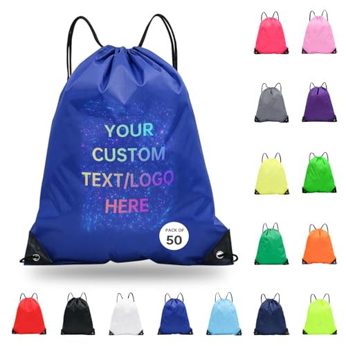 JEOHLORY pack of 50 Custom Bags With Your Logo,Drawstring Backpacks Bulk String Bag,Great for Travelling, Gym and for Everyday Use (Custom Treasure Blue) - color: Custom Treasure Blue