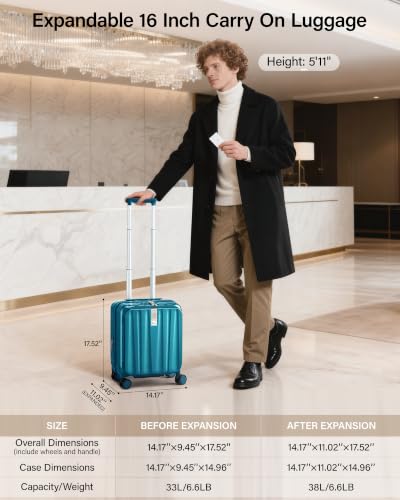 Hanke 16 Inch Expandable Under Seat Luggage with Wheels Top Opening Small Suitcase with Wheels Carry On Luggage Airline Approved Lightweight Hard Shell Suitcases for Weekender Overnight-Caribbean Blue - color: Caribbean Blue, size: 16 Inch Expandable