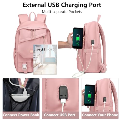 School Backpack College Bookbag for Teen — Student Aesthetic Bagpack for Girls 15.6 Inch Casual Daypack with USB Charger Women Laptop Backpacks Anti Theft Cute Fashion Book Bag Travel Back Pack Pink