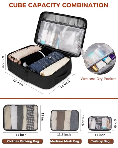 Vancropak 40L Travel Backpack Flight Approved Carry On for Men Women, Expandable Weekender Bag with 3 Packing Cubes, Water Resistant Anti-Theft Daypack fits 17.3" Laptop, Large Lightweight Luggage - color: Dark Black Brown