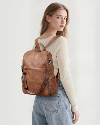 FADEON Leather Backpack Purse for Women Designer Travel Backpack Purses PU Fashion Ladies Shoulder Bag with Tassel - color: 2 Brown Retro Style
