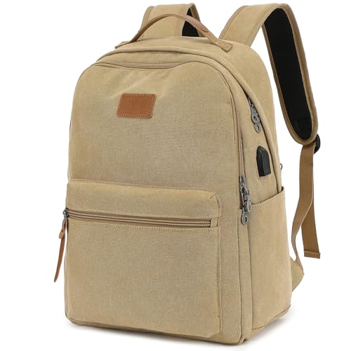 Waterproof Canvas Backpack USB Charging Port– Fits 15.6" Laptop, Brown | Vintage Casual Daypack for College Students, Men & Women, Travel Work, Durable Bookbag - color: Brown