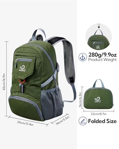 WATERFLY Small Lightweight Packable Backpack: 20l Ultra Light Foldable Travel Hiking Camping Daypack Day Pack for Man Woman - color: New-amry Green